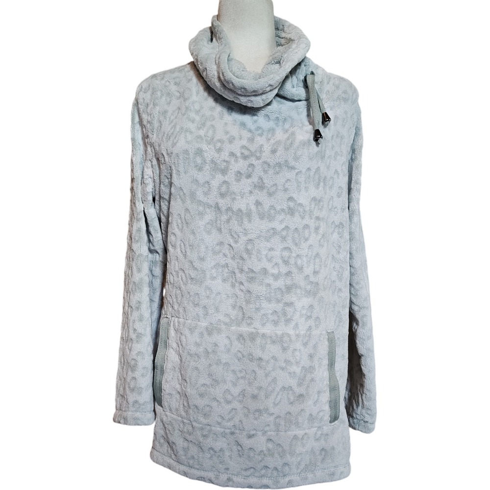 Soft Surroundings Gray Leopard Print Cozy Fleece Cowl Neck Tunic Top Women's S